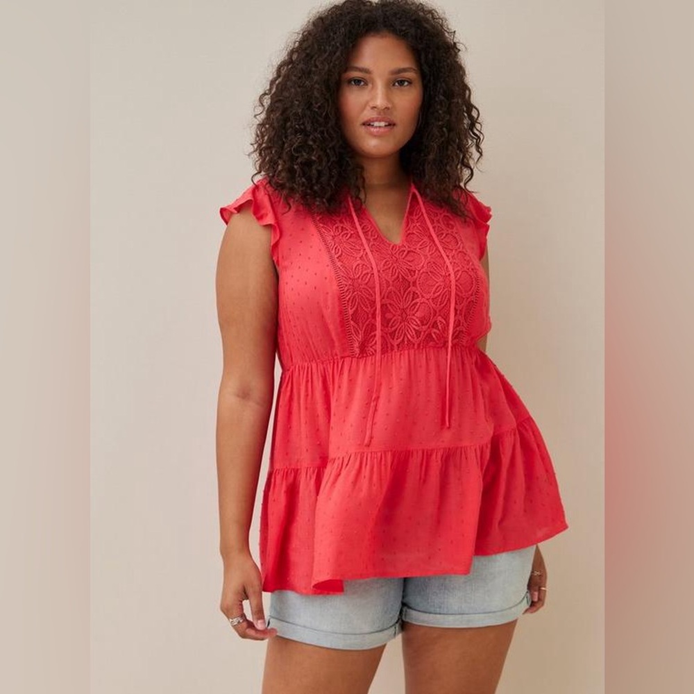 Torrid Chiffon Swiss Dot Lace Crochet Inset Tie-Front Top Blouse Plus Size 4X